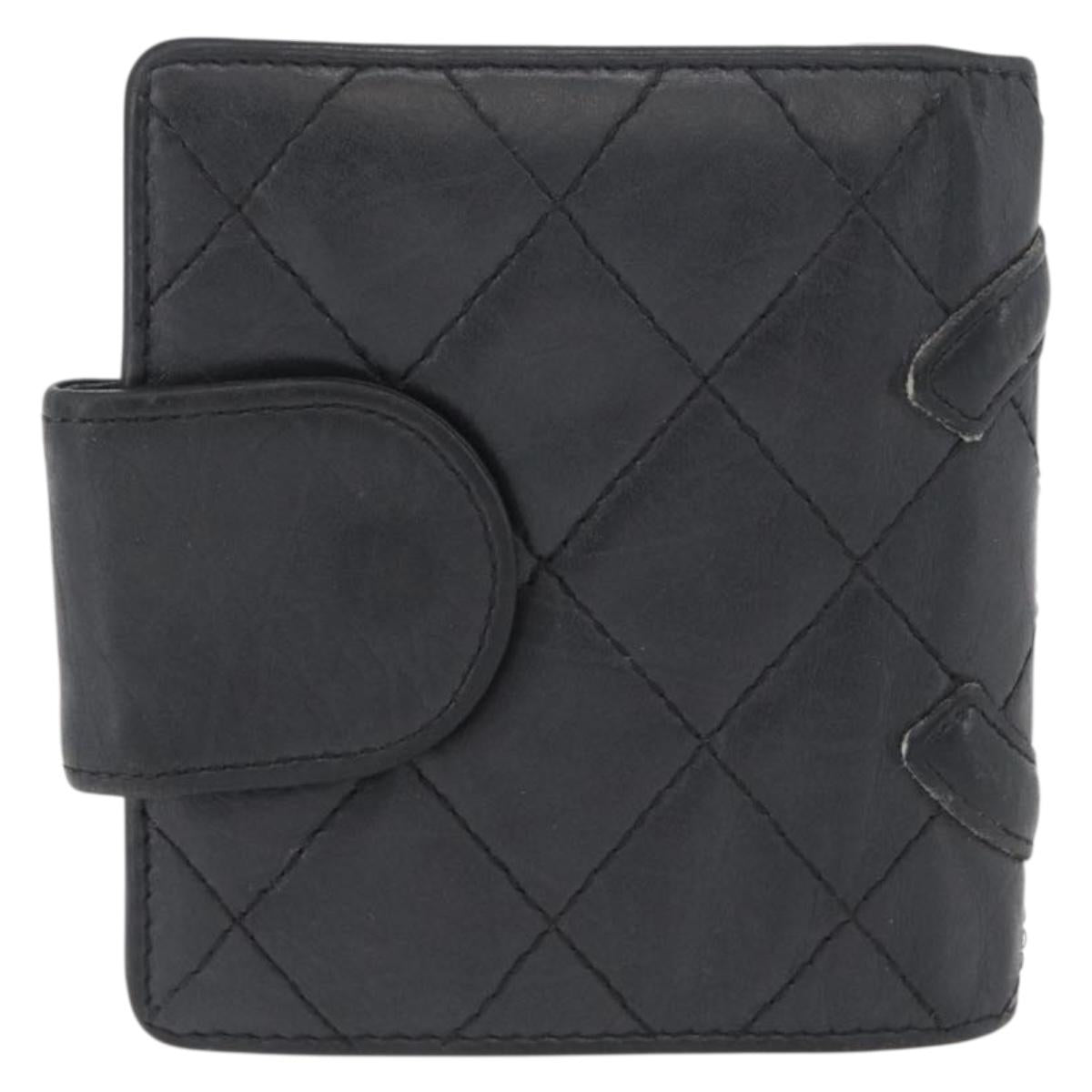 CHANEL Matelasse Cambon Line Wallet Leather Black Silver CC Auth ARZ302