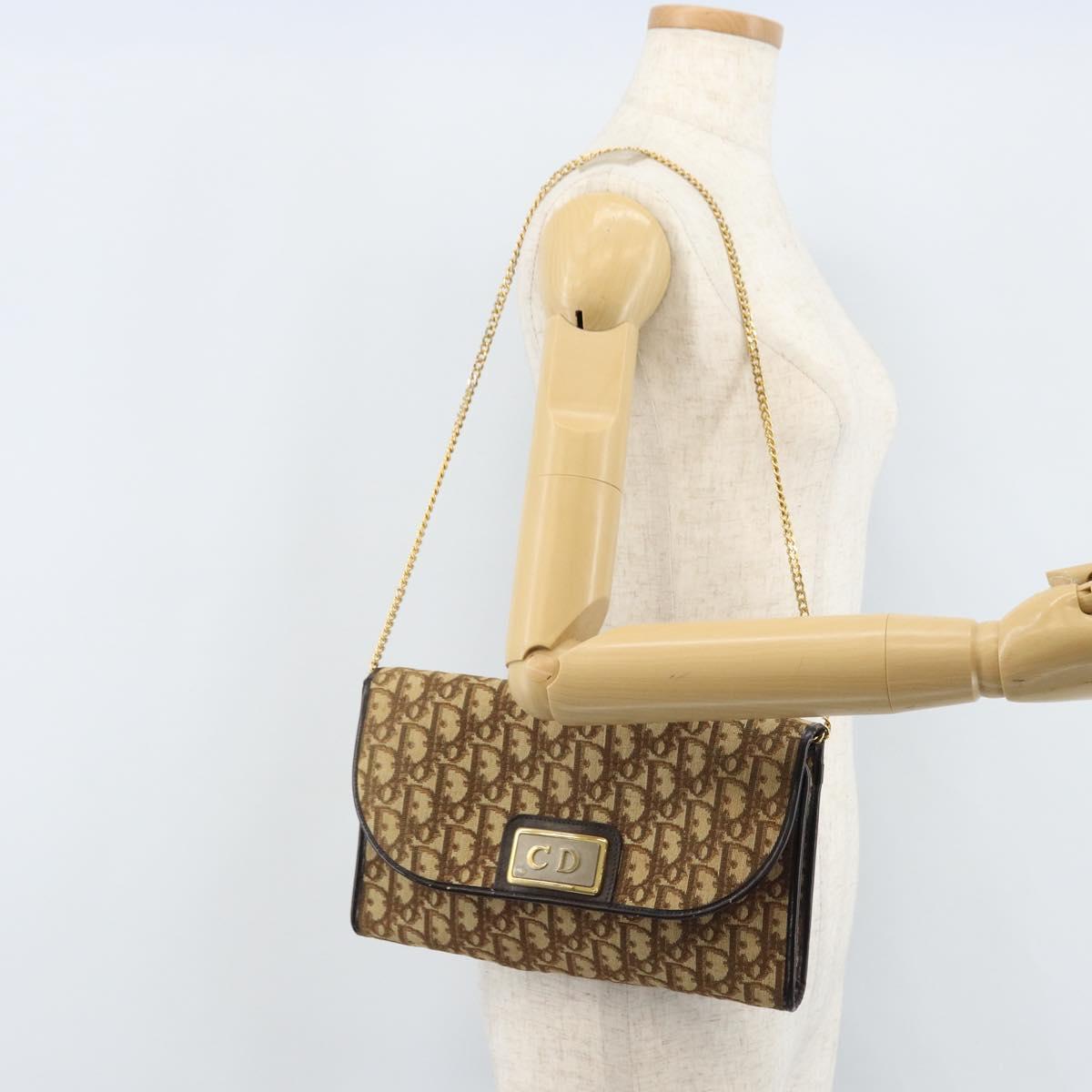 Christian Dior Trotter Canvas Chain Shoulder Bag Brown Gold Auth ARZ308A