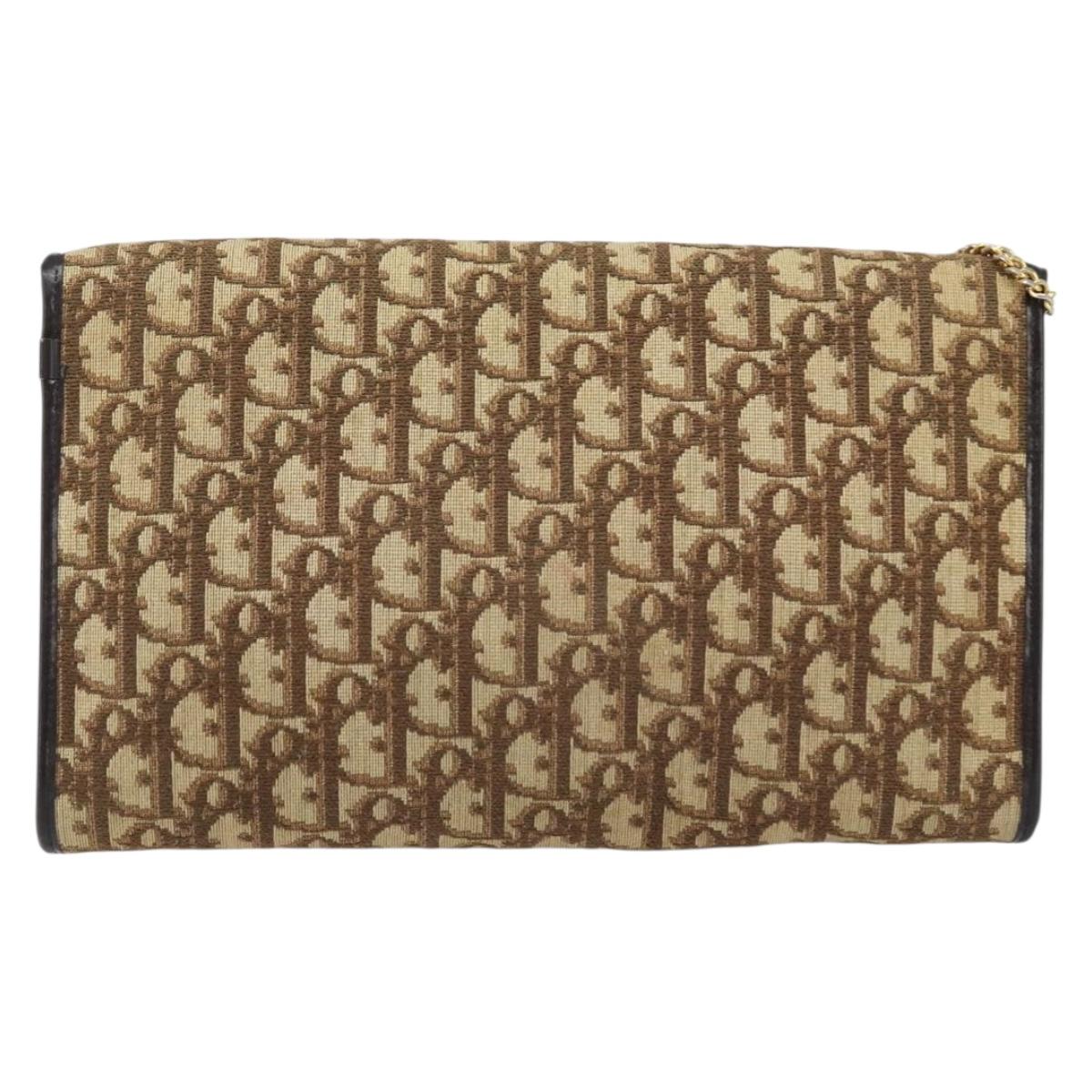 Christian Dior Trotter Canvas Chain Shoulder Bag Brown Gold Auth ARZ308A