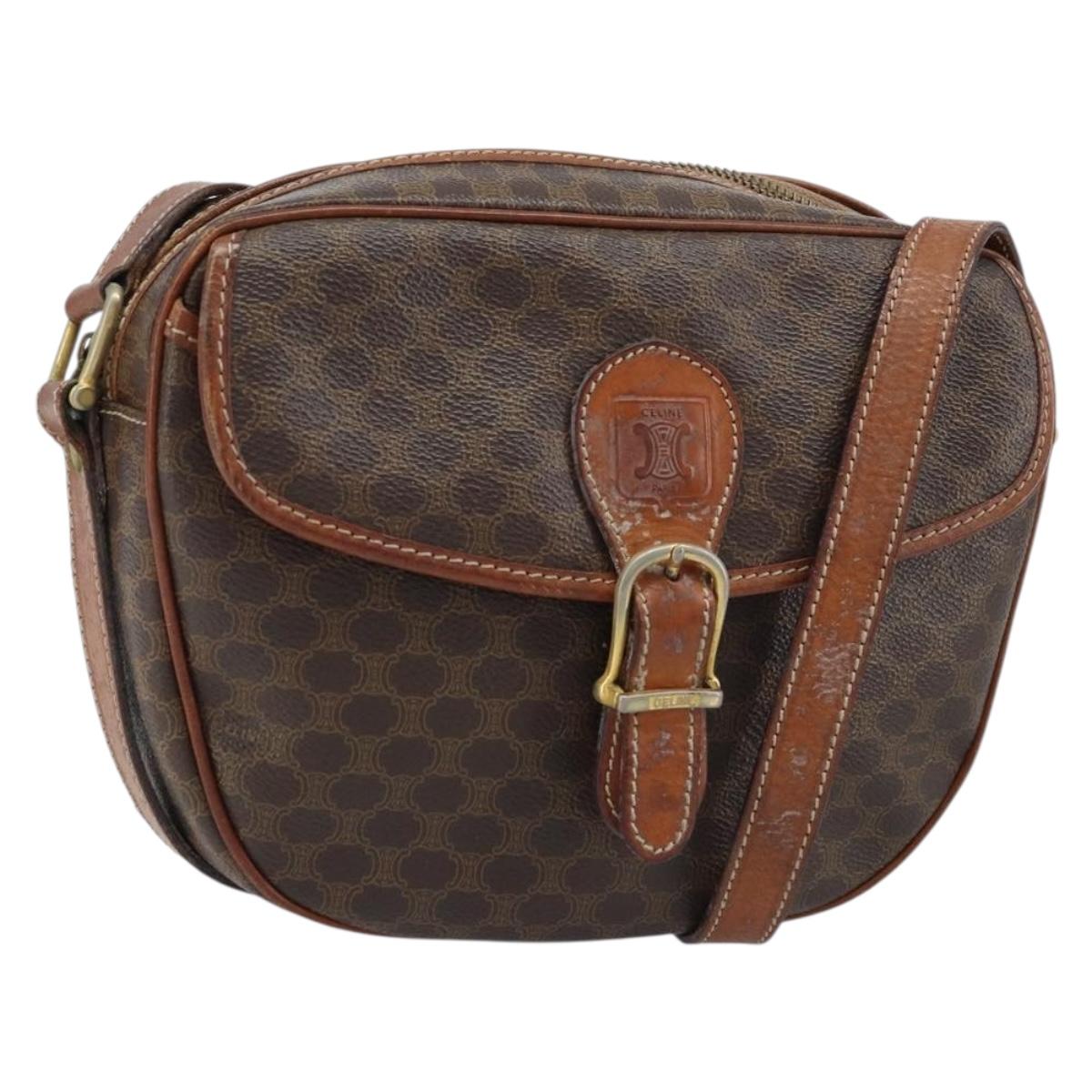 CELINE Macadam Canvas Shoulder Bag PVC Leather Brown Gold Auth ARZ311