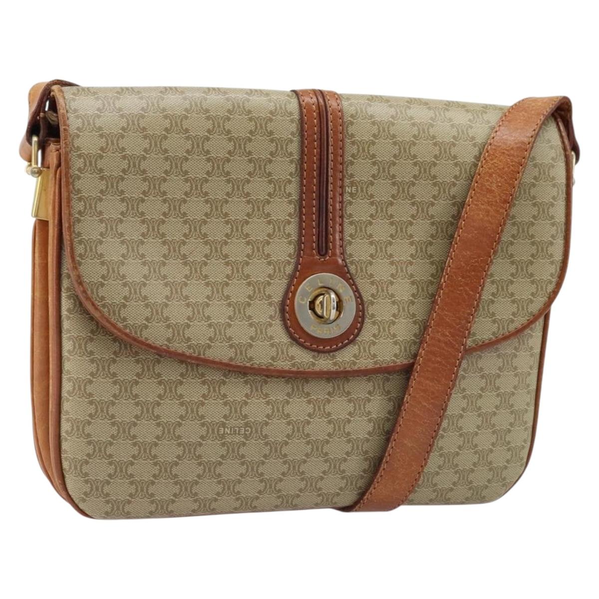 CELINE Macadam Canvas Circle Shoulder Bag PVC Beige Gold Auth ARZ313