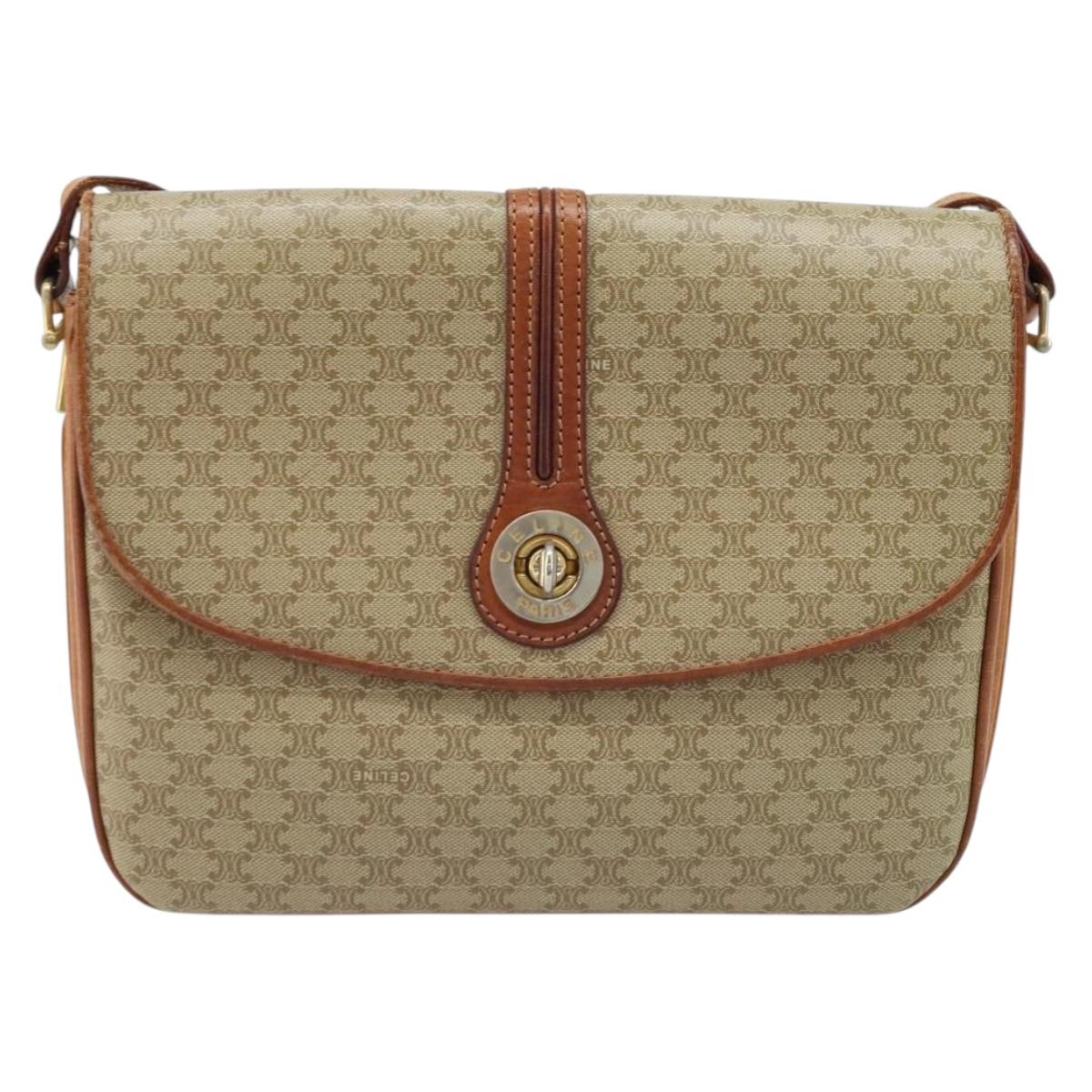 CELINE Macadam Canvas Circle Shoulder Bag PVC Beige Gold Auth ARZ313