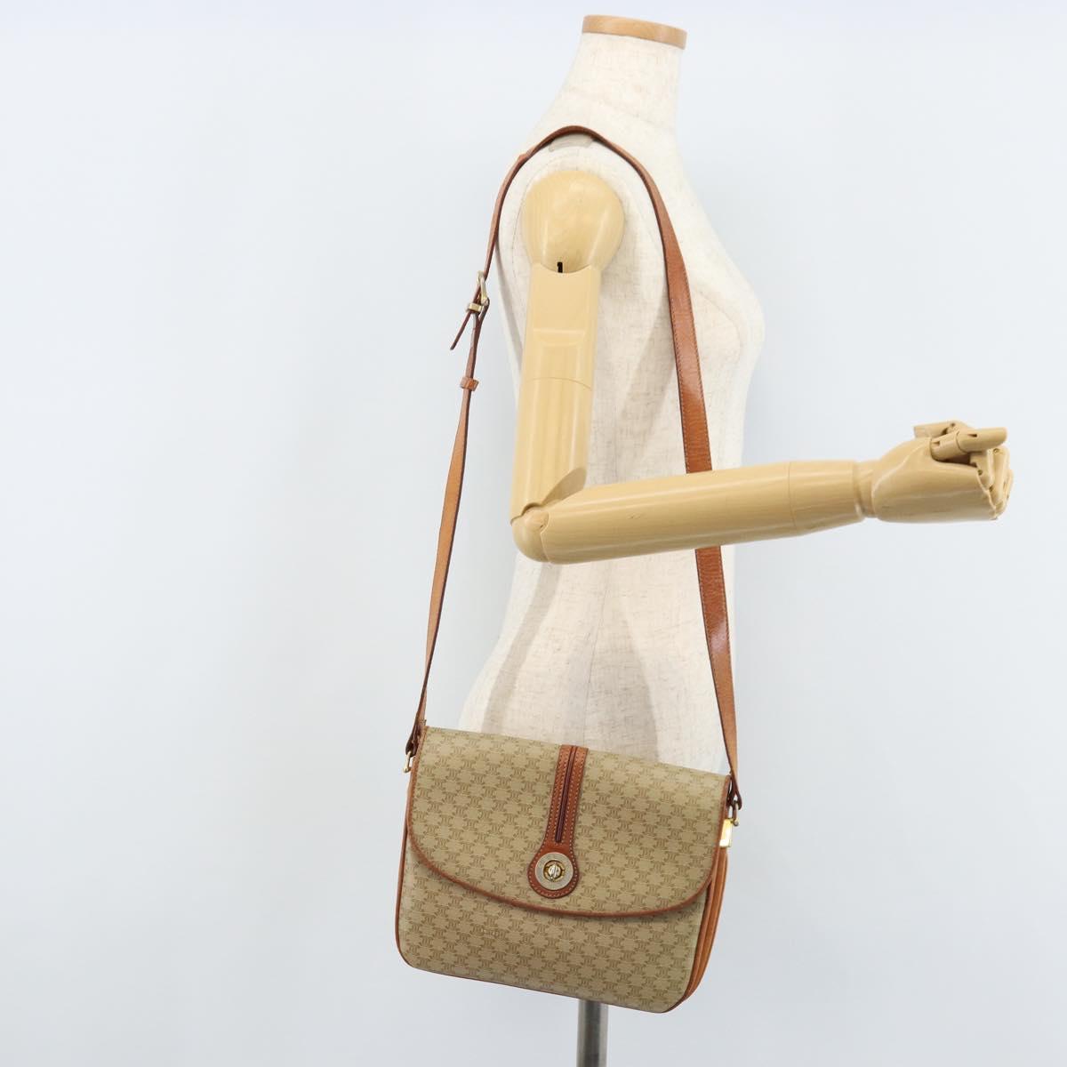 CELINE Macadam Canvas Circle Shoulder Bag PVC Beige Gold Auth ARZ313