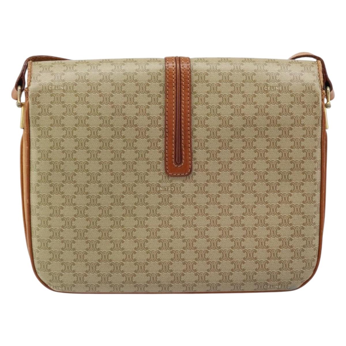 CELINE Macadam Canvas Circle Shoulder Bag PVC Beige Gold Auth ARZ313