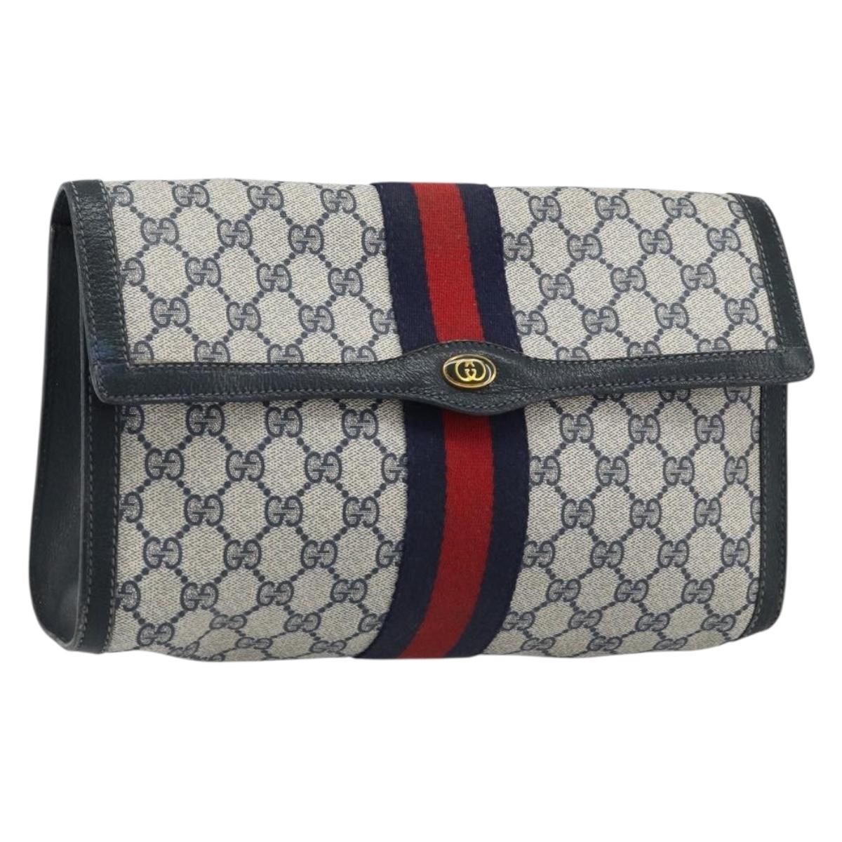 GUCCI GG Supreme Sherry Line Clutch Bag PVC Navy Red 84 01 007 Auth ARZ315