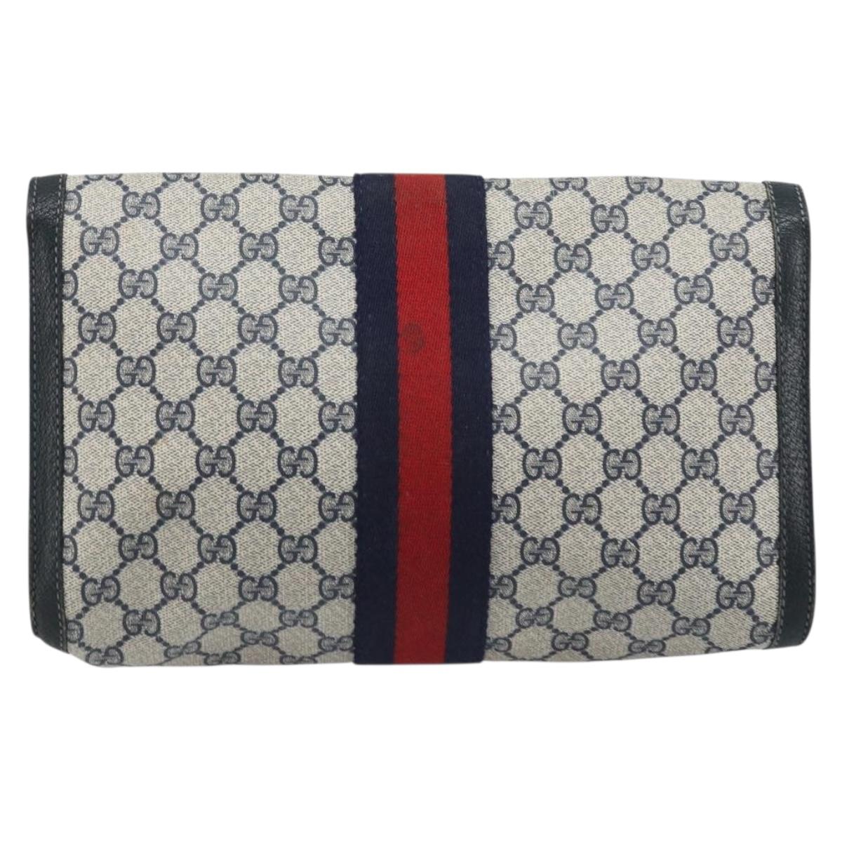 GUCCI GG Supreme Sherry Line Clutch Bag PVC Navy Red 84 01 007 Auth ARZ315