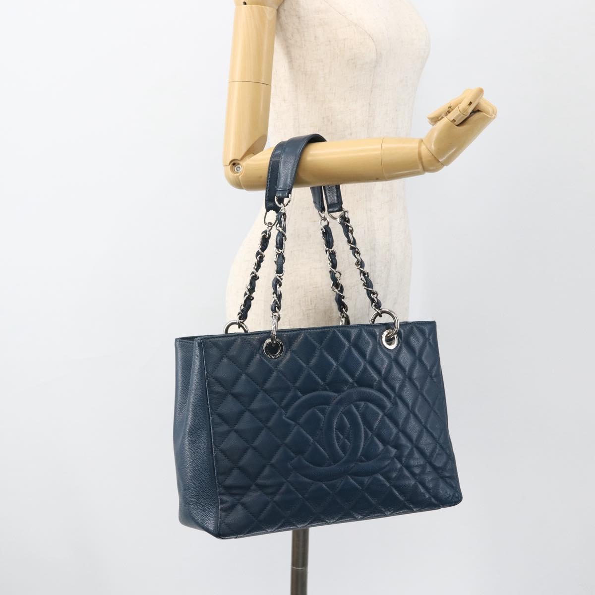 CHANEL Matelasse Chain Shoulder Bag Caviar Skin Blue Silver CC Auth ARZ343SAV