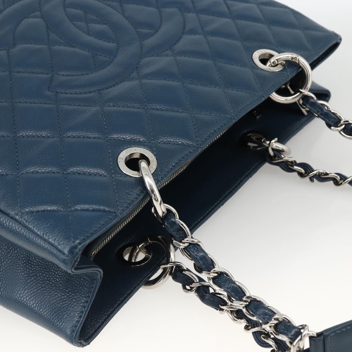 CHANEL Matelasse Chain Shoulder Bag Caviar Skin Blue Silver CC Auth ARZ343SAV