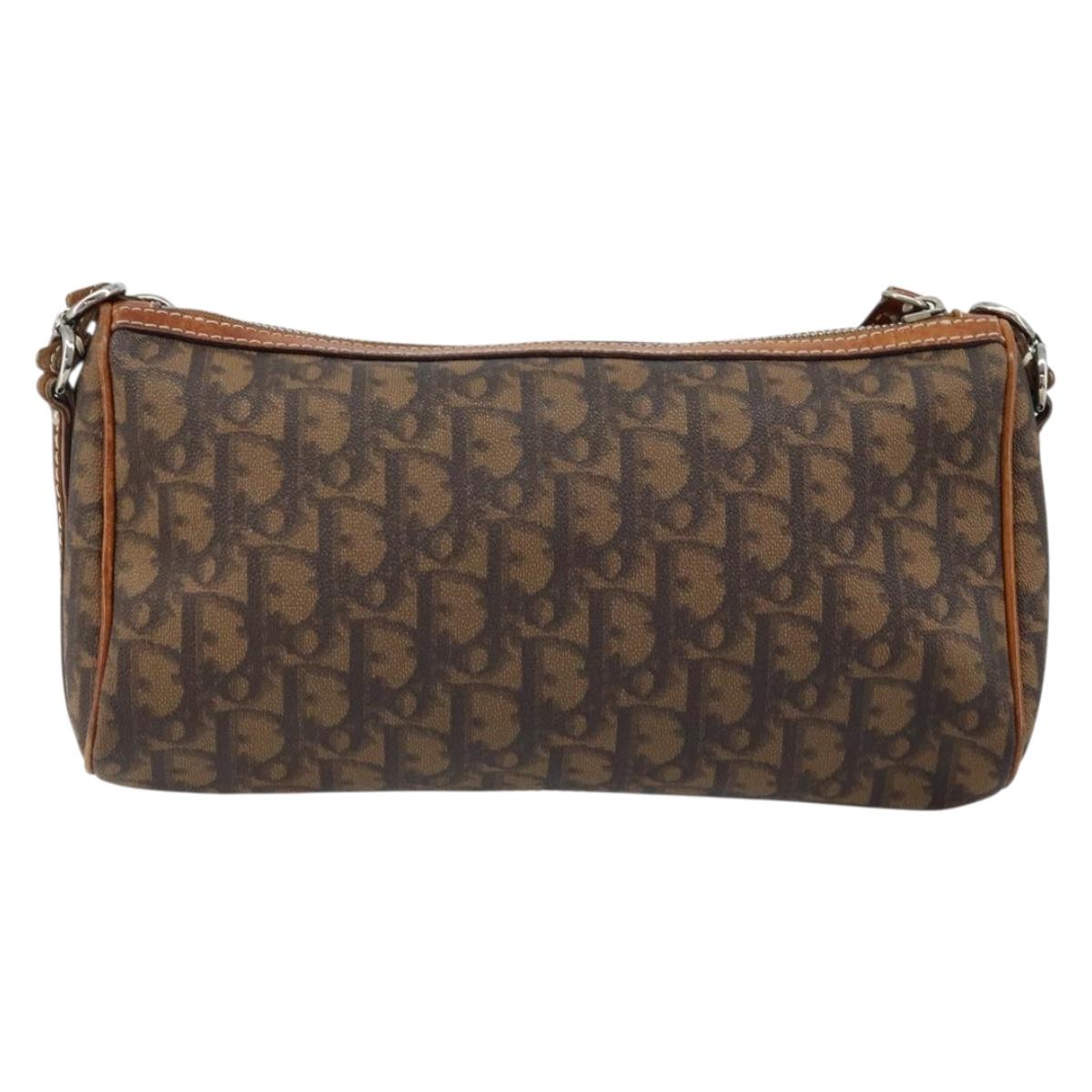 Christian Dior Trotter Canvas Romantic Chain Bag PVC Brown Silver Auth ARZ357