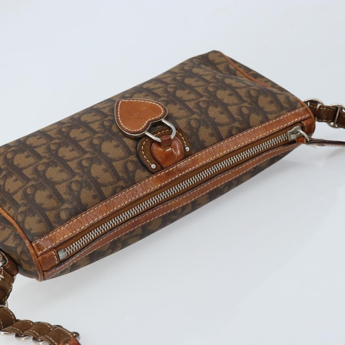 Christian Dior Trotter Canvas Romantic Chain Bag PVC Brown Silver Auth ARZ357
