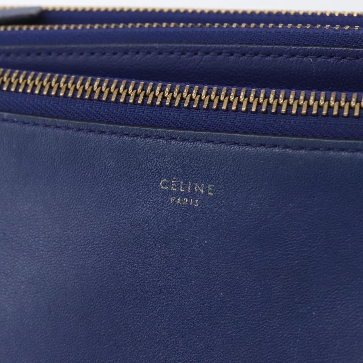 CELINE Trio Shoulder Bag Leather Blue Gold Auth ARZ364