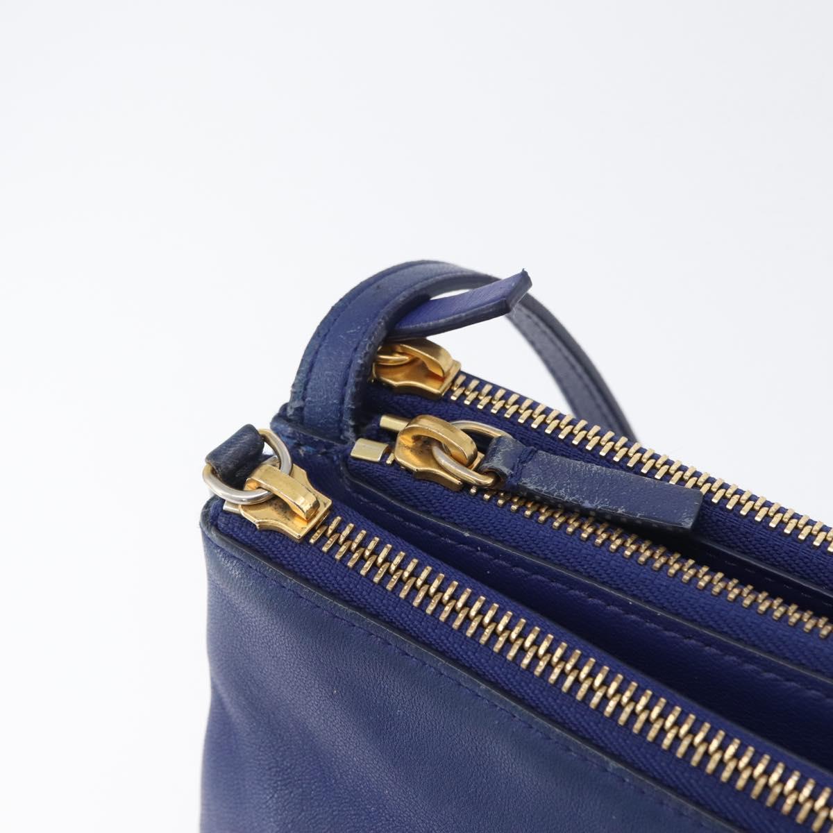CELINE Trio Shoulder Bag Leather Blue Gold Auth ARZ364