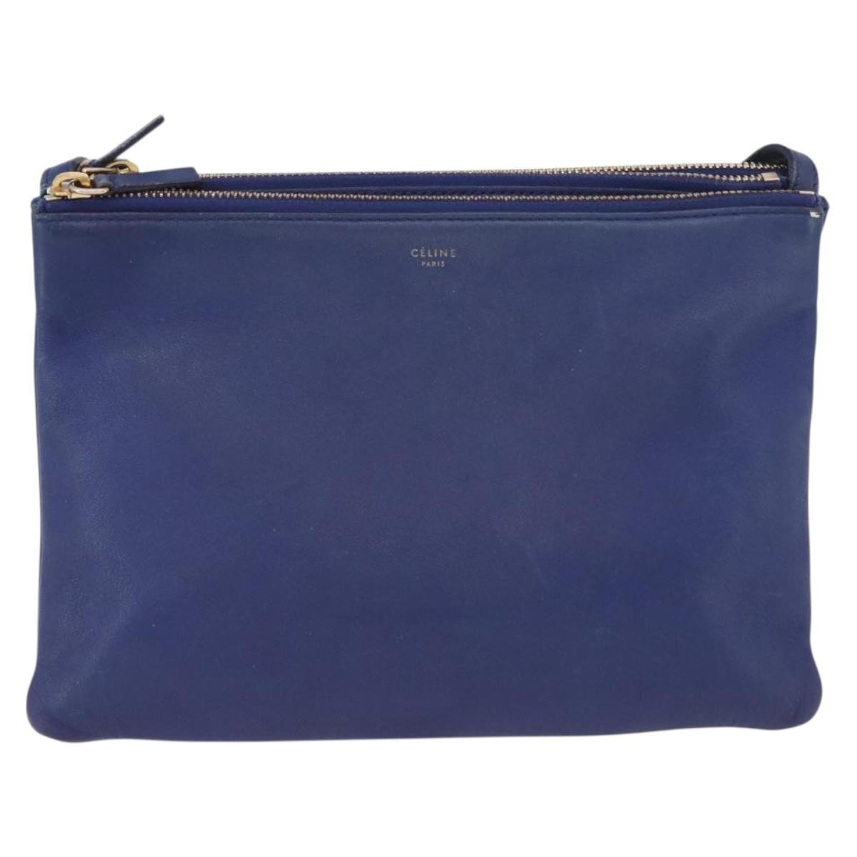 CELINE Trio Shoulder Bag Leather Blue Gold Auth ARZ364