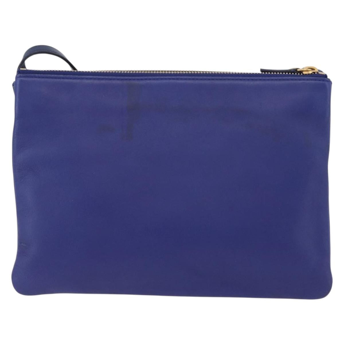 CELINE Trio Shoulder Bag Leather Blue Gold Auth ARZ364