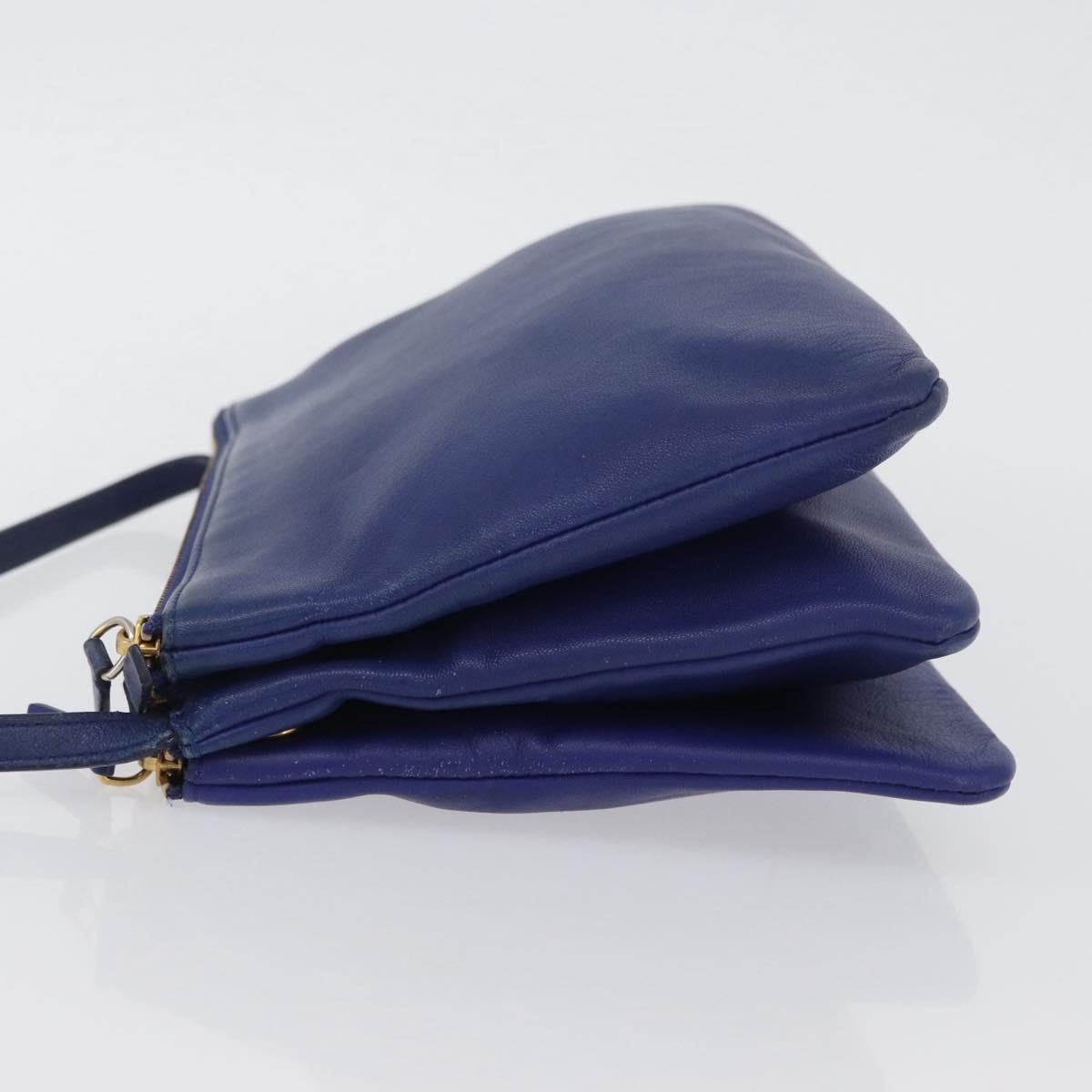 CELINE Trio Shoulder Bag Leather Blue Gold Auth ARZ364