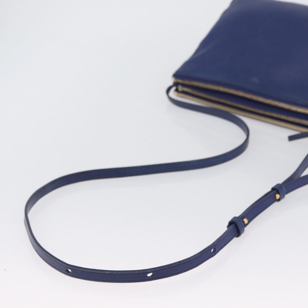 CELINE Trio Shoulder Bag Leather Blue Gold Auth ARZ364