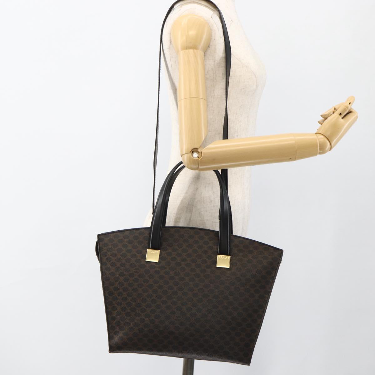 CELINE Macadam Canvas Hand Bag PVC Leather 2way Black Gold Auth ARZ365