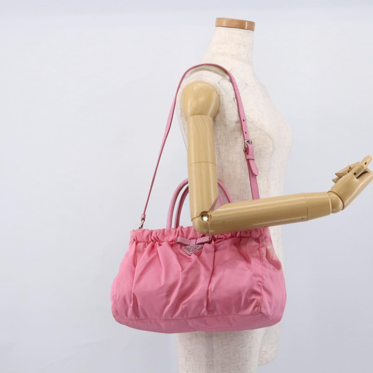 PRADA Ribbon Hand Bag Nylon 2way Pink Silver Auth ARZ368