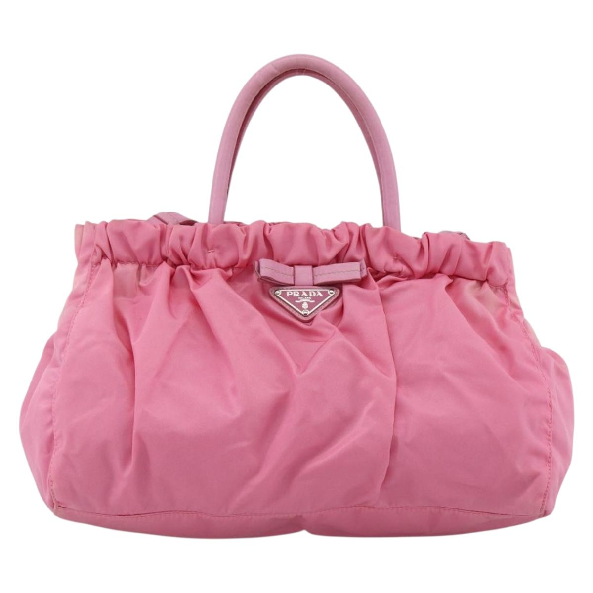 PRADA Ribbon Hand Bag Nylon 2way Pink Silver Auth ARZ368