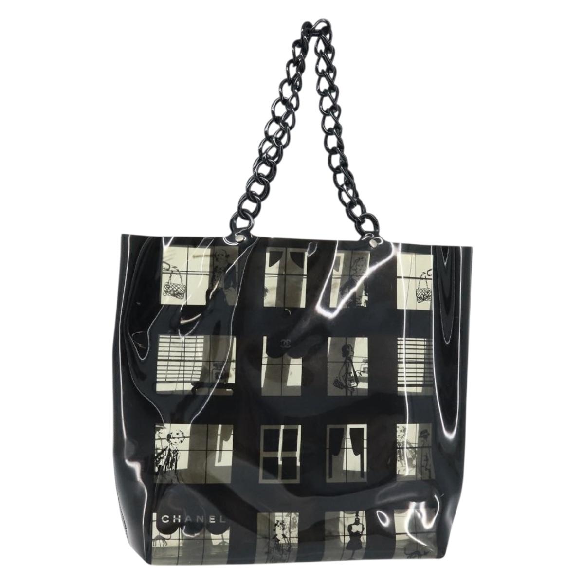 CHANEL Chain Tote Bag Vinyl Black CC Auth ARZ371