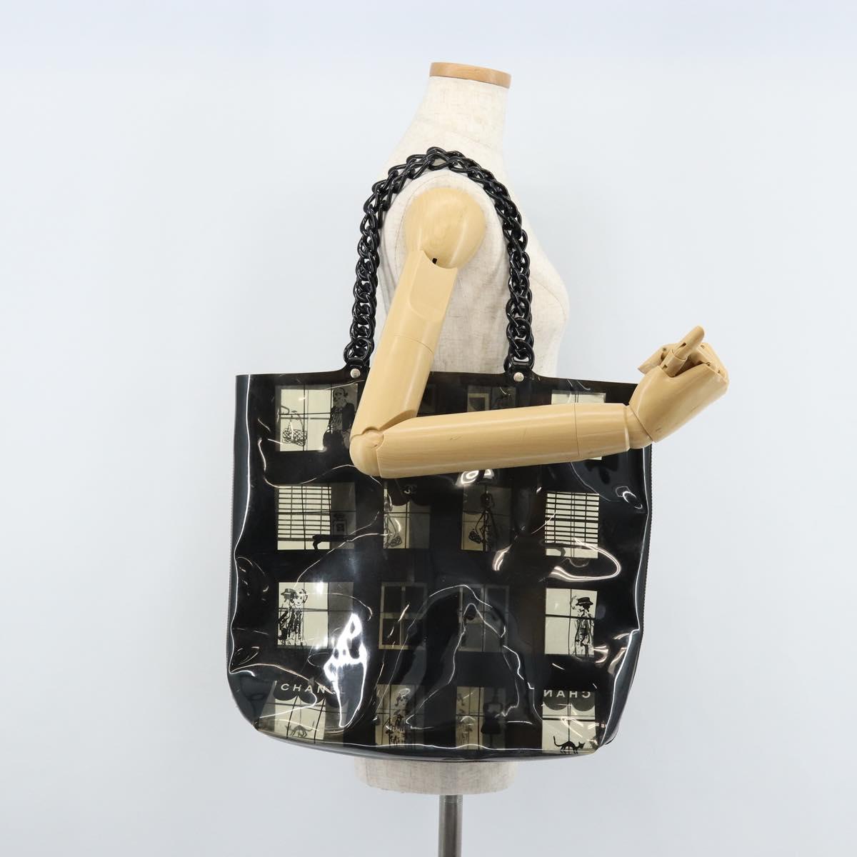 CHANEL Chain Tote Bag Vinyl Black CC Auth ARZ371