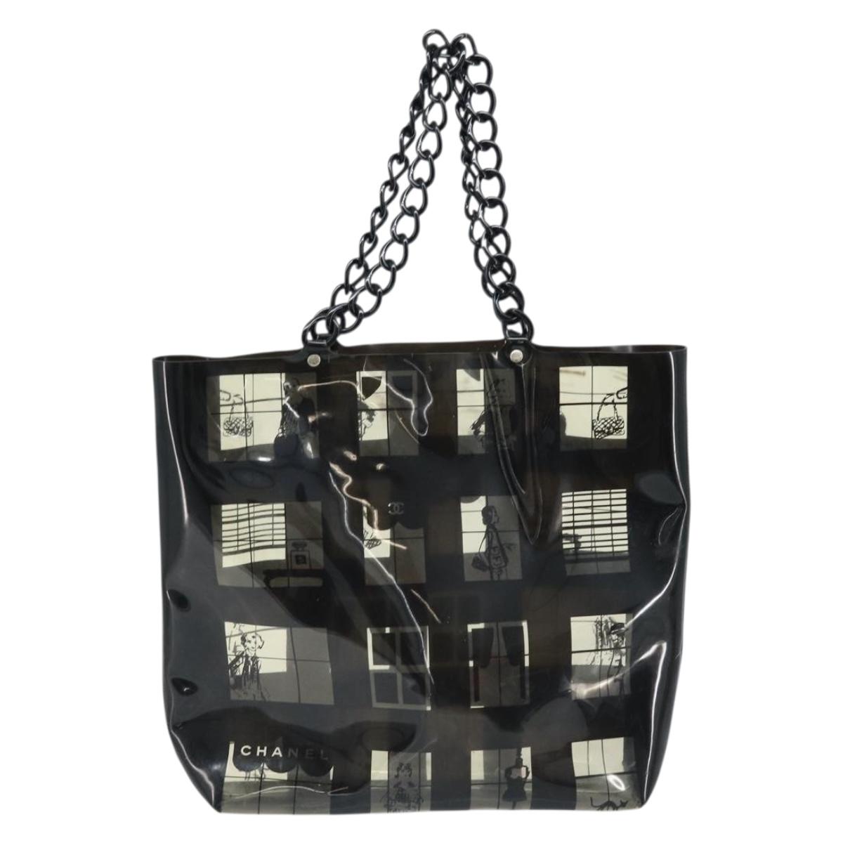 CHANEL Chain Tote Bag Vinyl Black CC Auth ARZ371