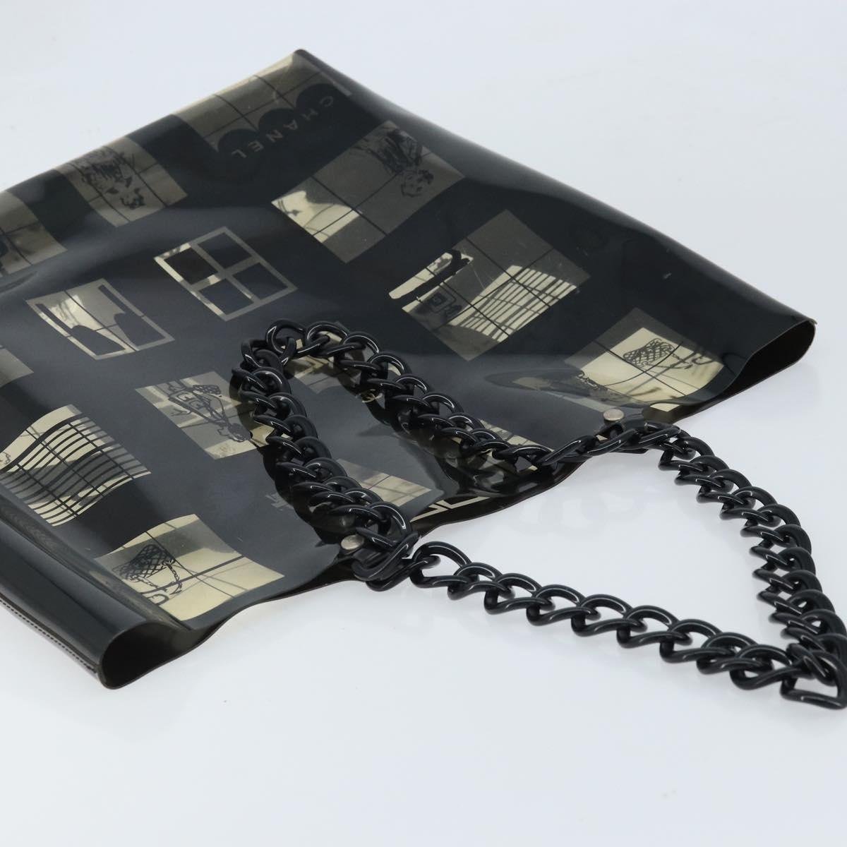 CHANEL Chain Tote Bag Vinyl Black CC Auth ARZ371