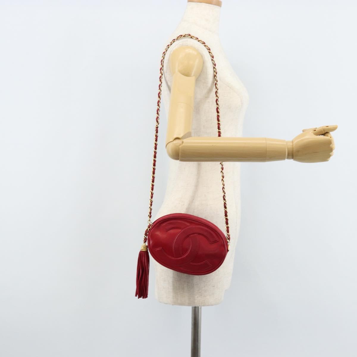 CHANEL Chain Shoulder Bag Lamb Skin Red Gold CC Auth ARZ393A