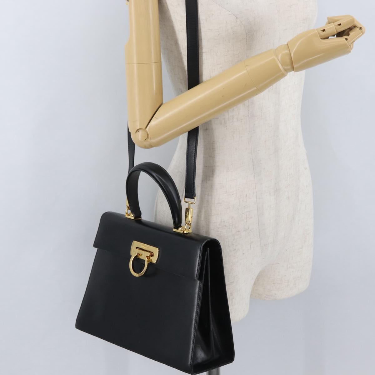 Salvatore Ferragamo Gancini Hand Bag Leather 2way Black Gold Auth ARZ416