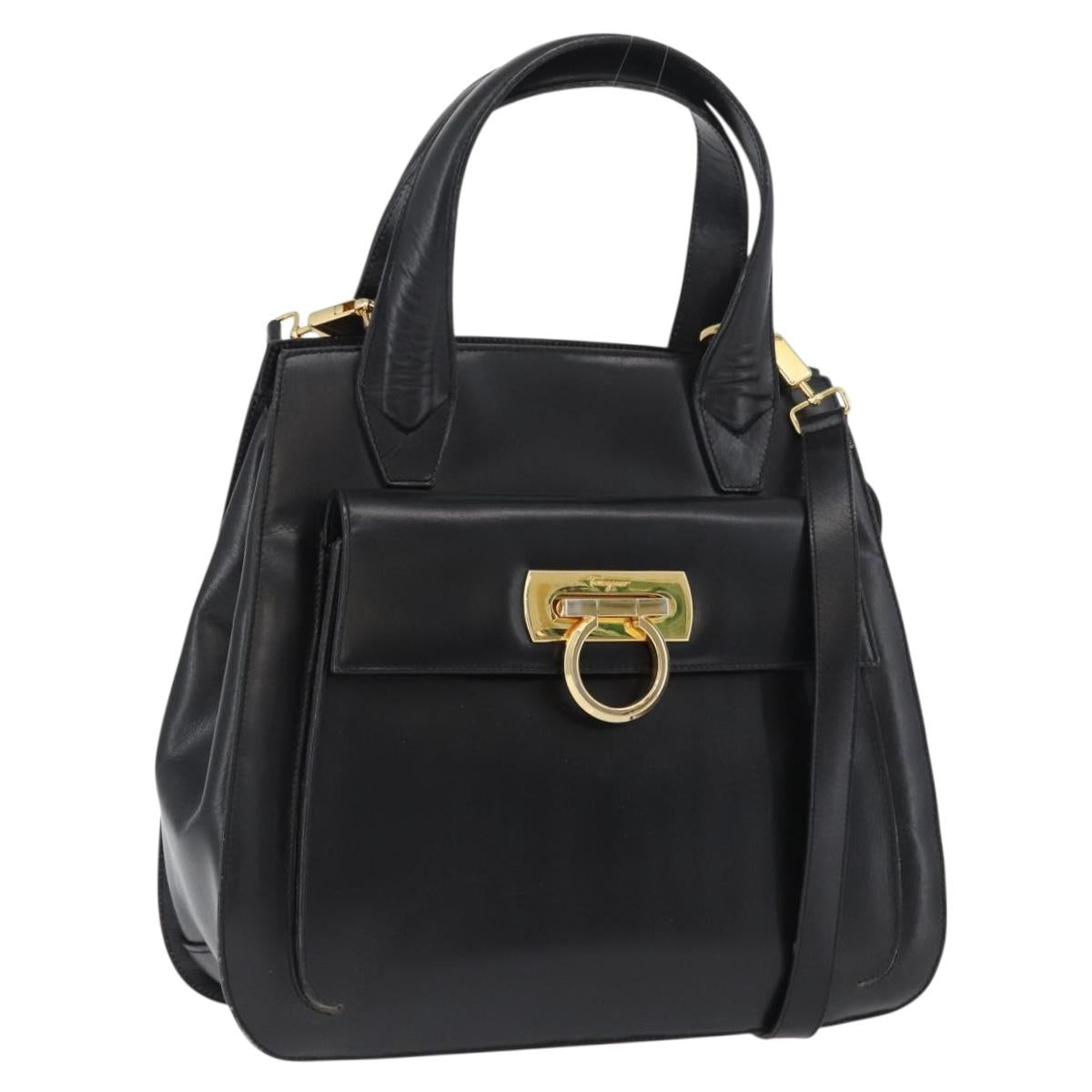 Salvatore Ferragamo Gancini Hand Bag Leather 2way Black Gold Auth ARZ417