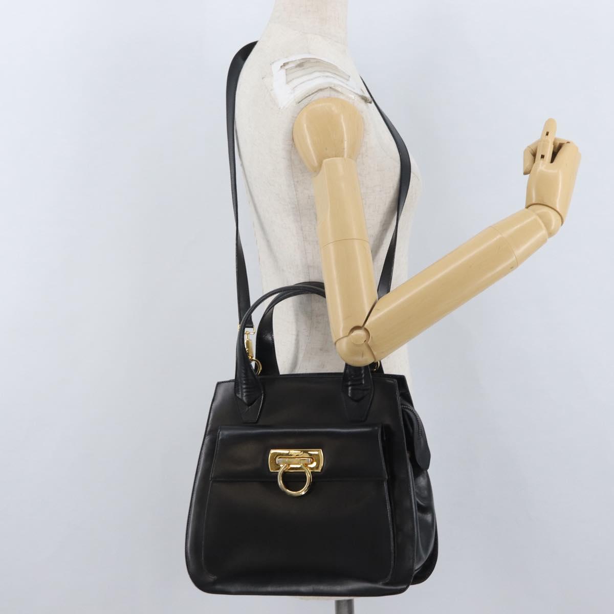 Salvatore Ferragamo Gancini Hand Bag Leather 2way Black Gold Auth ARZ417