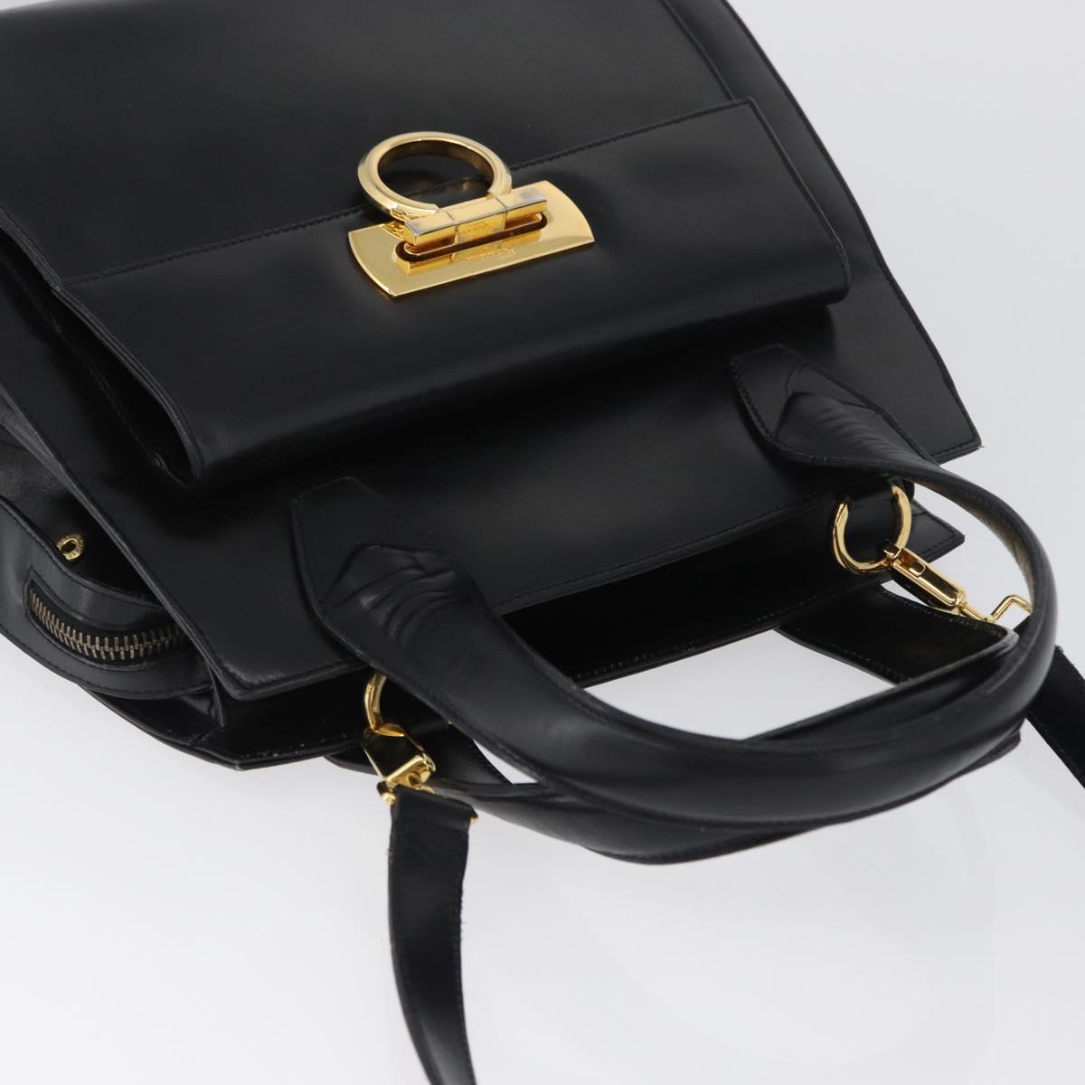 Salvatore Ferragamo Gancini Hand Bag Leather 2way Black Gold Auth ARZ417
