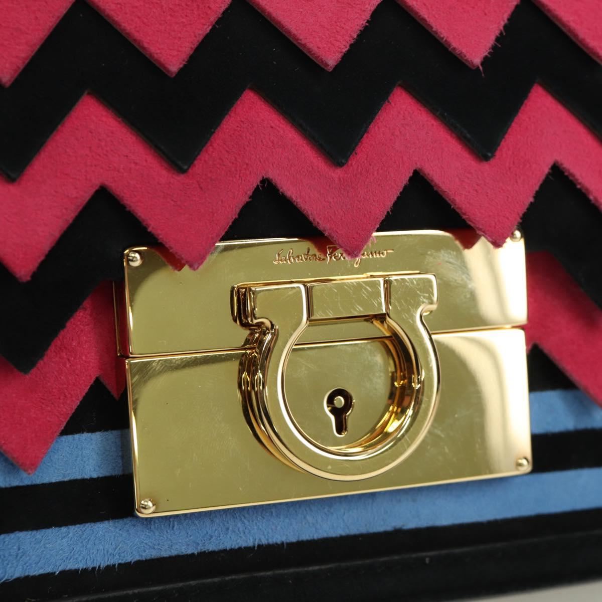 Salvatore Ferragamo Gancini Shoulder Bag Suede Black Pink gold Auth ARZ419M