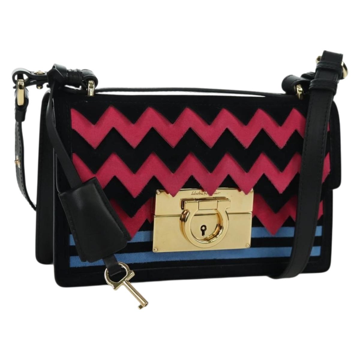 Salvatore Ferragamo Gancini Shoulder Bag Suede Black Pink gold Auth ARZ419M