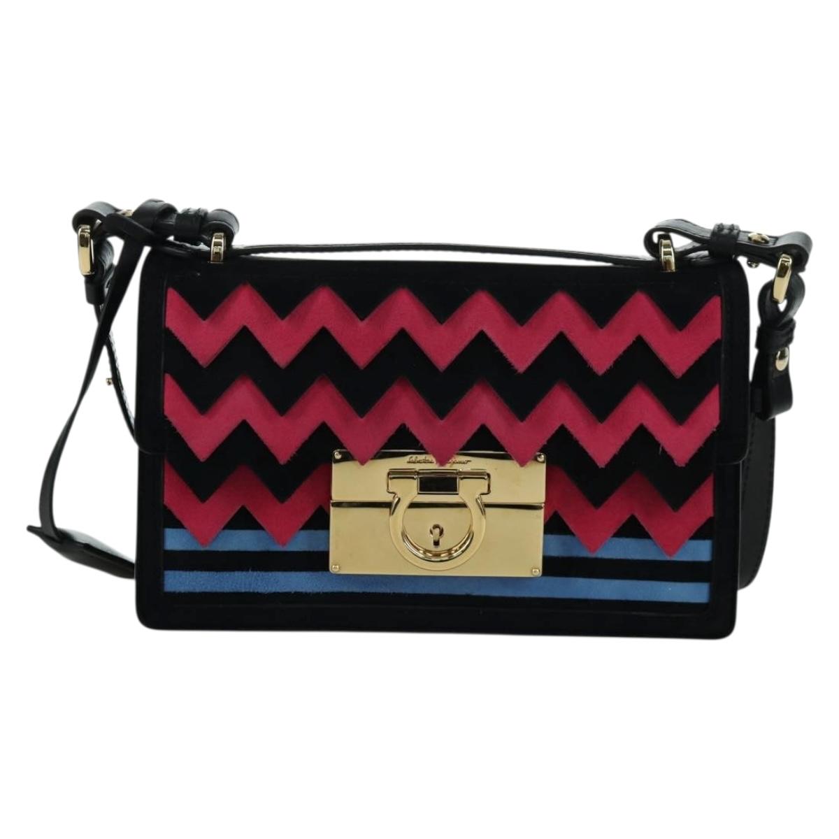 Salvatore Ferragamo Gancini Shoulder Bag Suede Black Pink gold Auth ARZ419M