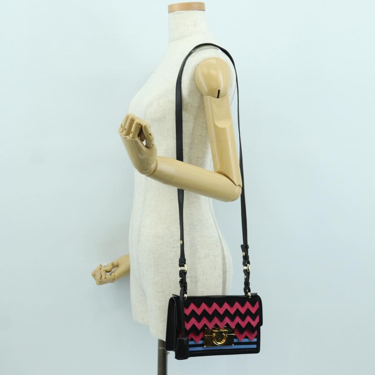 Salvatore Ferragamo Gancini Shoulder Bag Suede Black Pink gold Auth ARZ419M