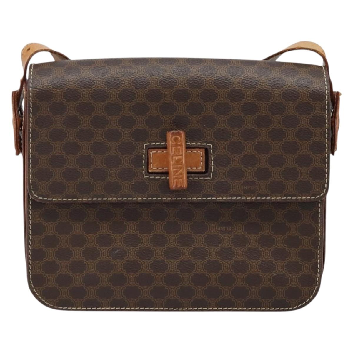 CELINE Macadam Canvas Shoulder Bag PVC Leather Brown Gold Auth ARZ423