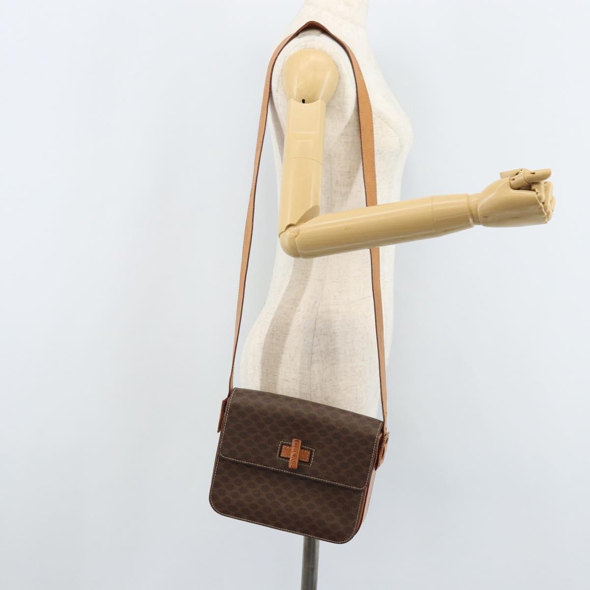 CELINE Macadam Canvas Shoulder Bag PVC Leather Brown Gold Auth ARZ423