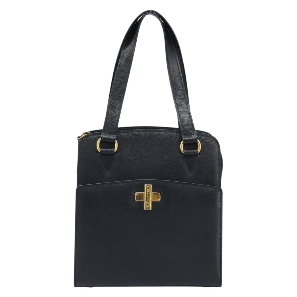 CELINE Hand Bag Leather Black Gold Auth ARZ426A