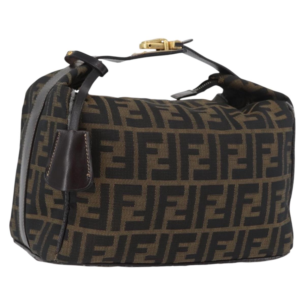 FENDI Zucca Canvas Vanity Hand Bag Black Brown gold Auth ARZ429