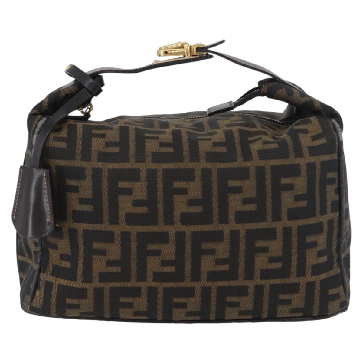 FENDI Zucca Canvas Vanity Hand Bag Black Brown gold Auth ARZ429