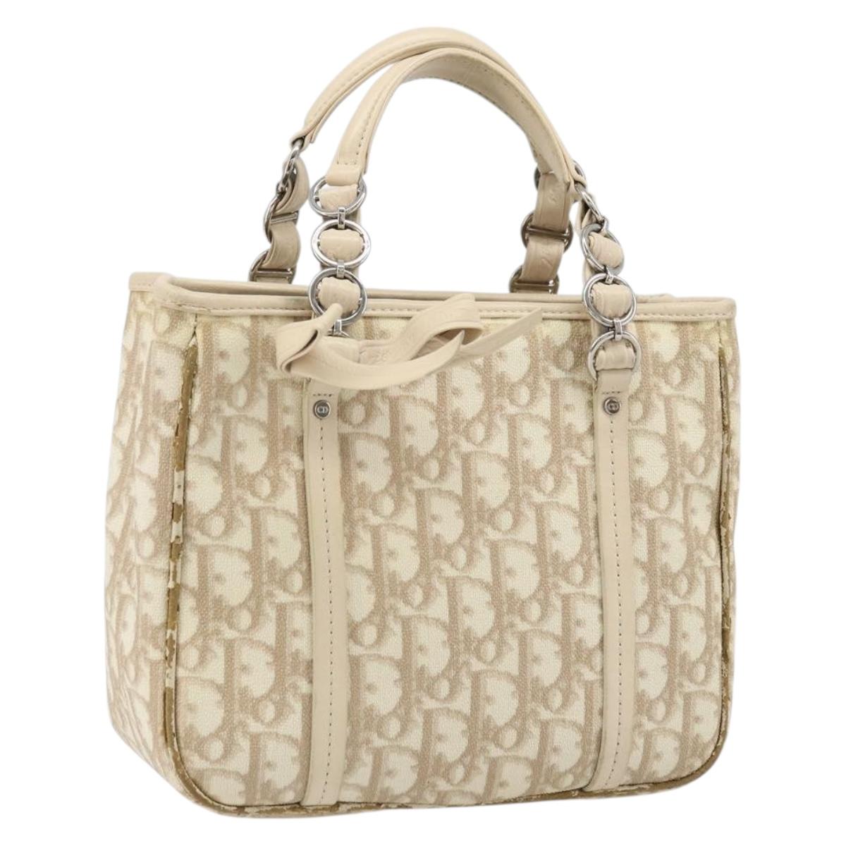 Christian Dior Trotter Canvas Romantic Hand Bag PVC Beige Silver Auth ARZ438