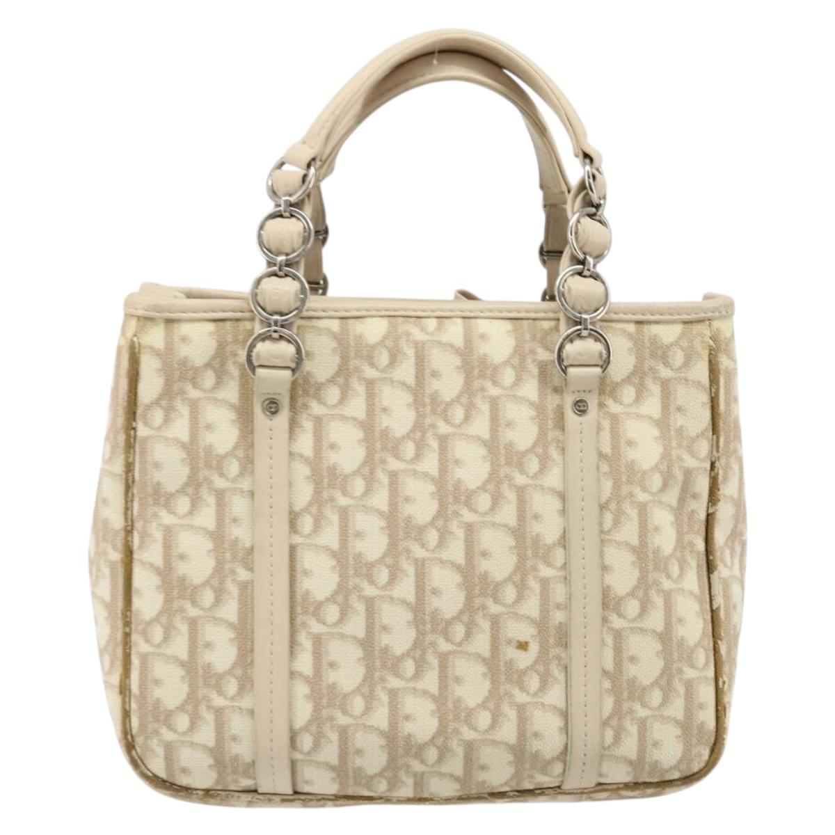 Christian Dior Trotter Canvas Romantic Hand Bag PVC Beige Silver Auth ARZ438