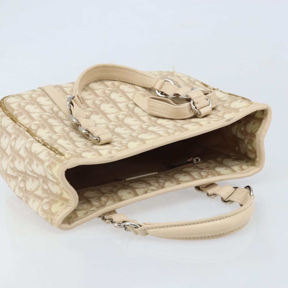 Christian Dior Trotter Canvas Romantic Hand Bag PVC Beige Silver Auth ARZ438