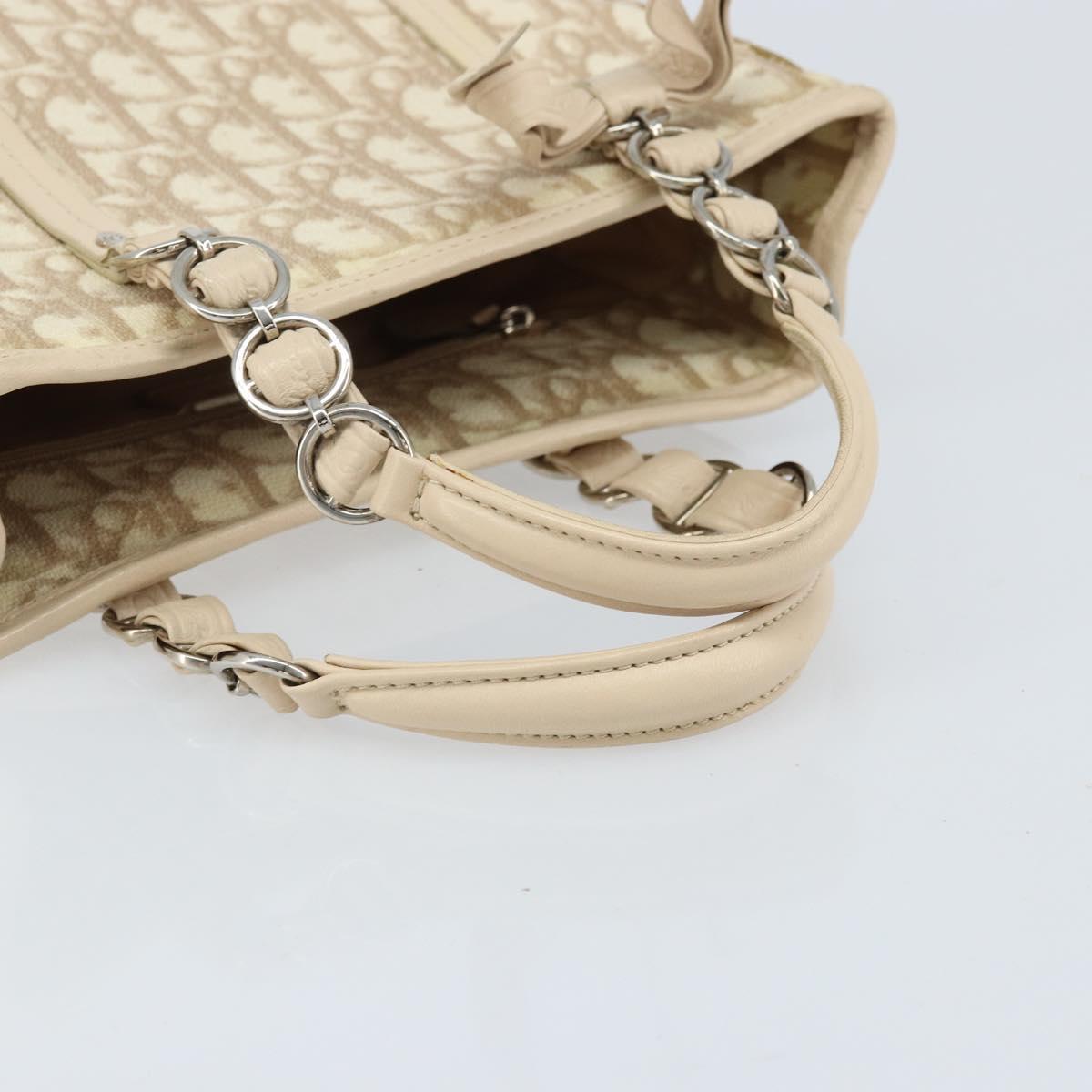 Christian Dior Trotter Canvas Romantic Hand Bag PVC Beige Silver Auth ARZ438