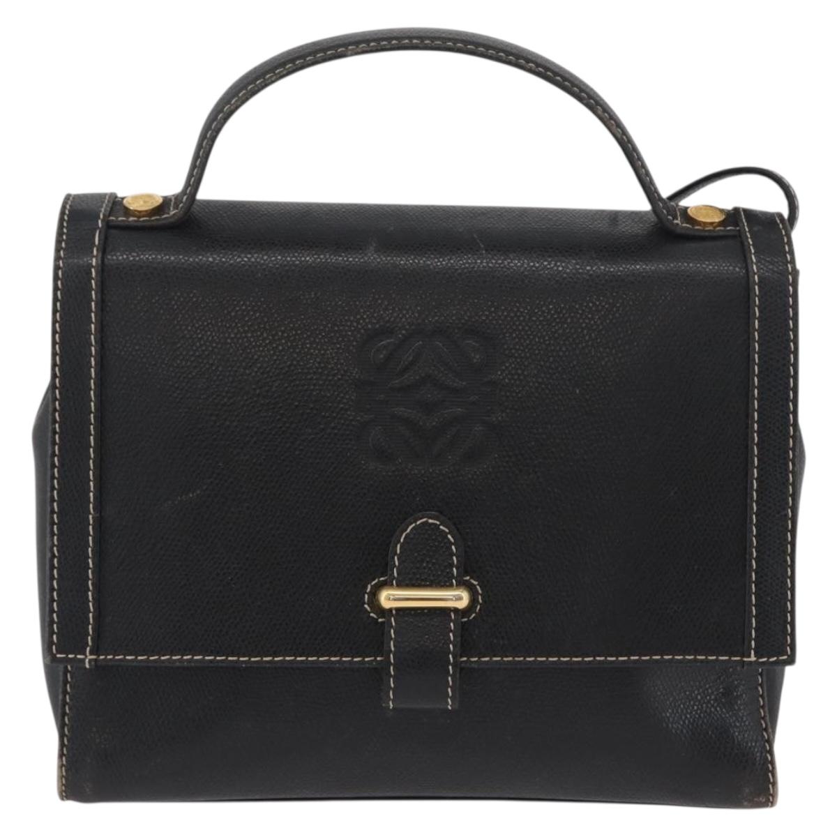 LOEWE Anagram Hand Bag Leather 2way Black Gold Auth ARZ441