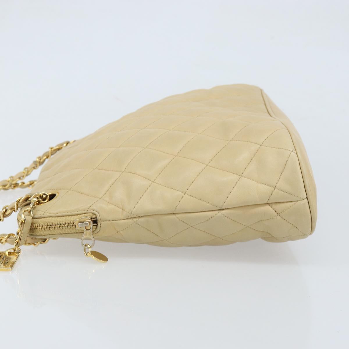 CHANEL Matelasse Chain Shoulder Tote Bag Lamb Skin Beige Gold CC Auth ARZ444