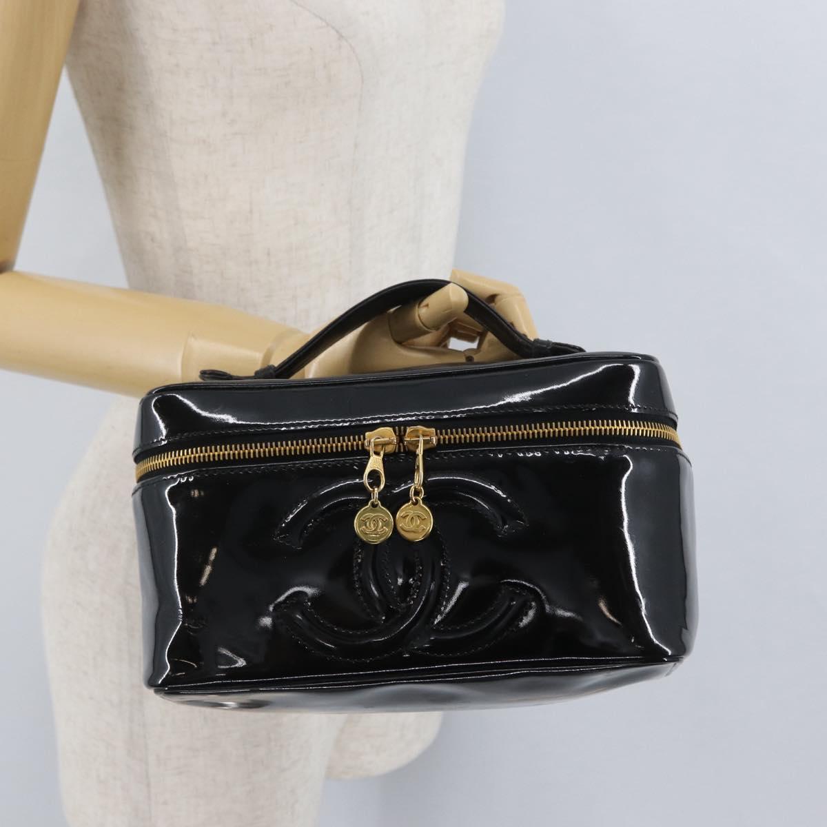 CHANEL COCO Mark Vanity Hand Bag Patent leather 2way Black Gold CC Auth ARZ446