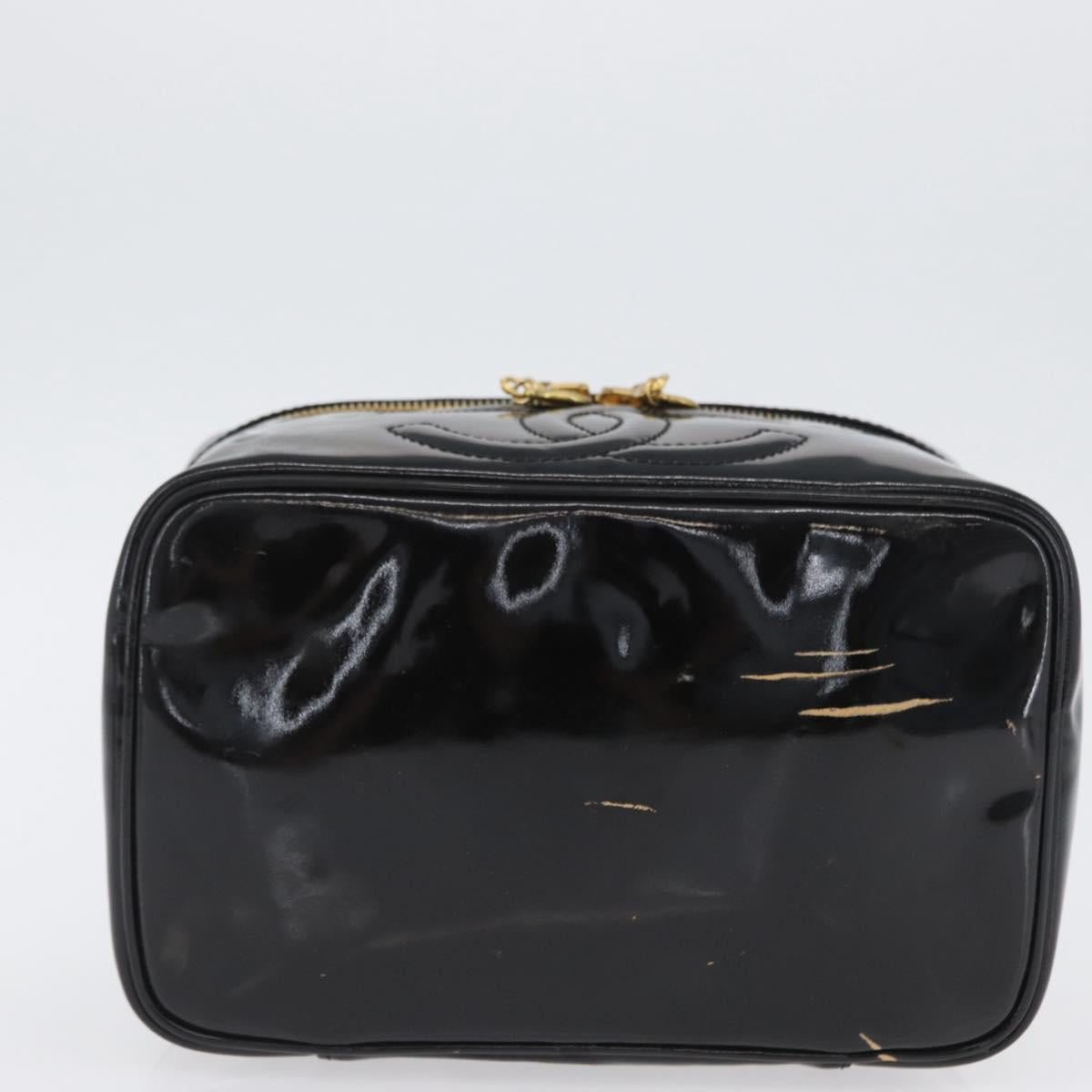 CHANEL COCO Mark Vanity Hand Bag Patent leather 2way Black Gold CC Auth ARZ446