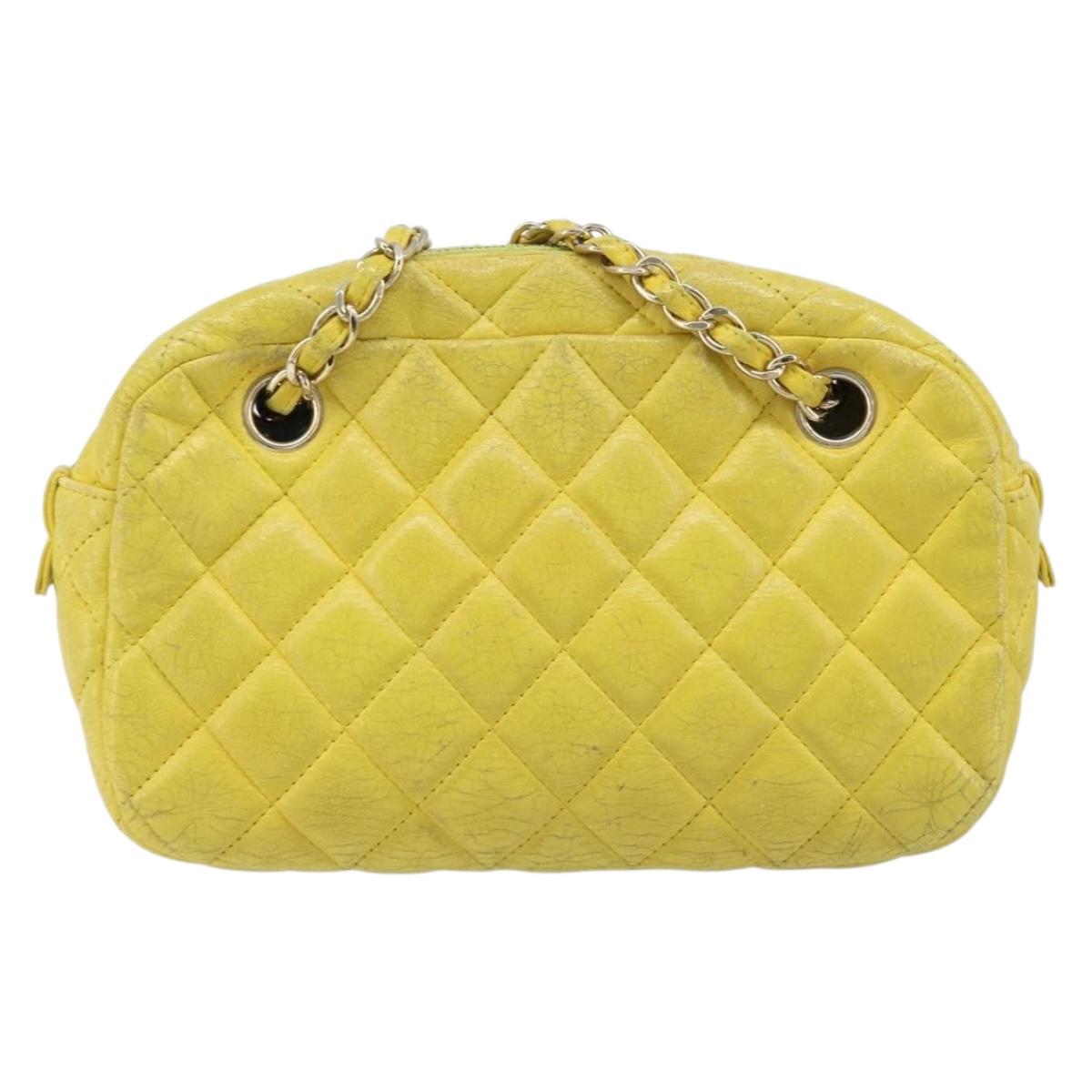CHANEL Matelasse Chain Shoulder Bag Lamb Skin Yellow Gold CC Auth ARZ447
